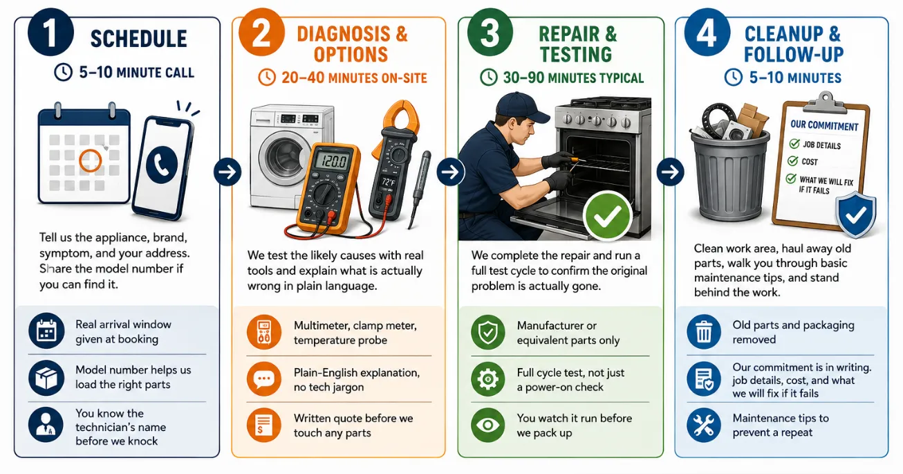 Our appliance repair process in Abilene TX: schedule, diagnose, repair and test, cleanup and follow-up